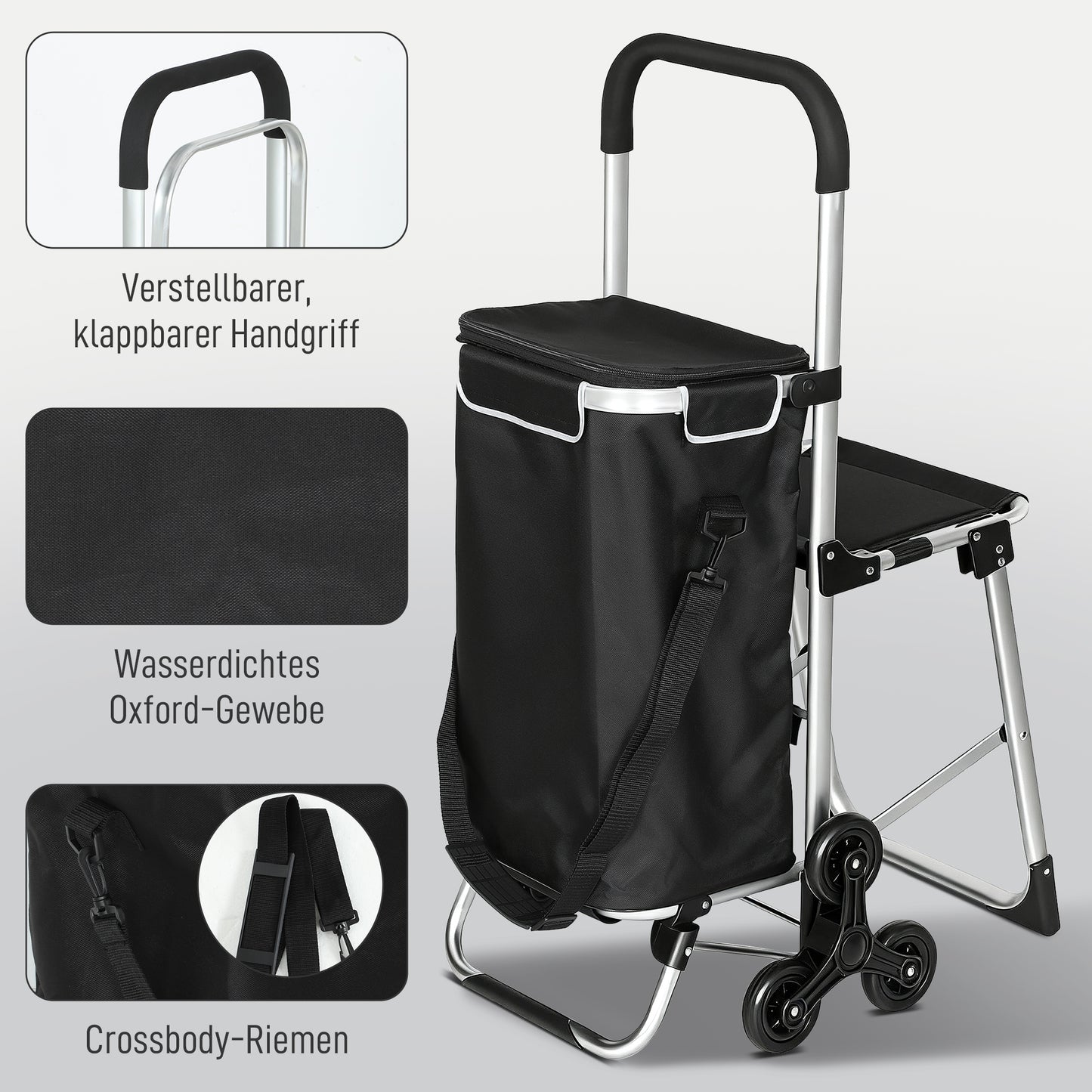 HOMCOM Einkaufstrolley, 40 L Oxford-Tasche, 3-Rad-Design, Aluminiumrahmen, Sitz, Grau