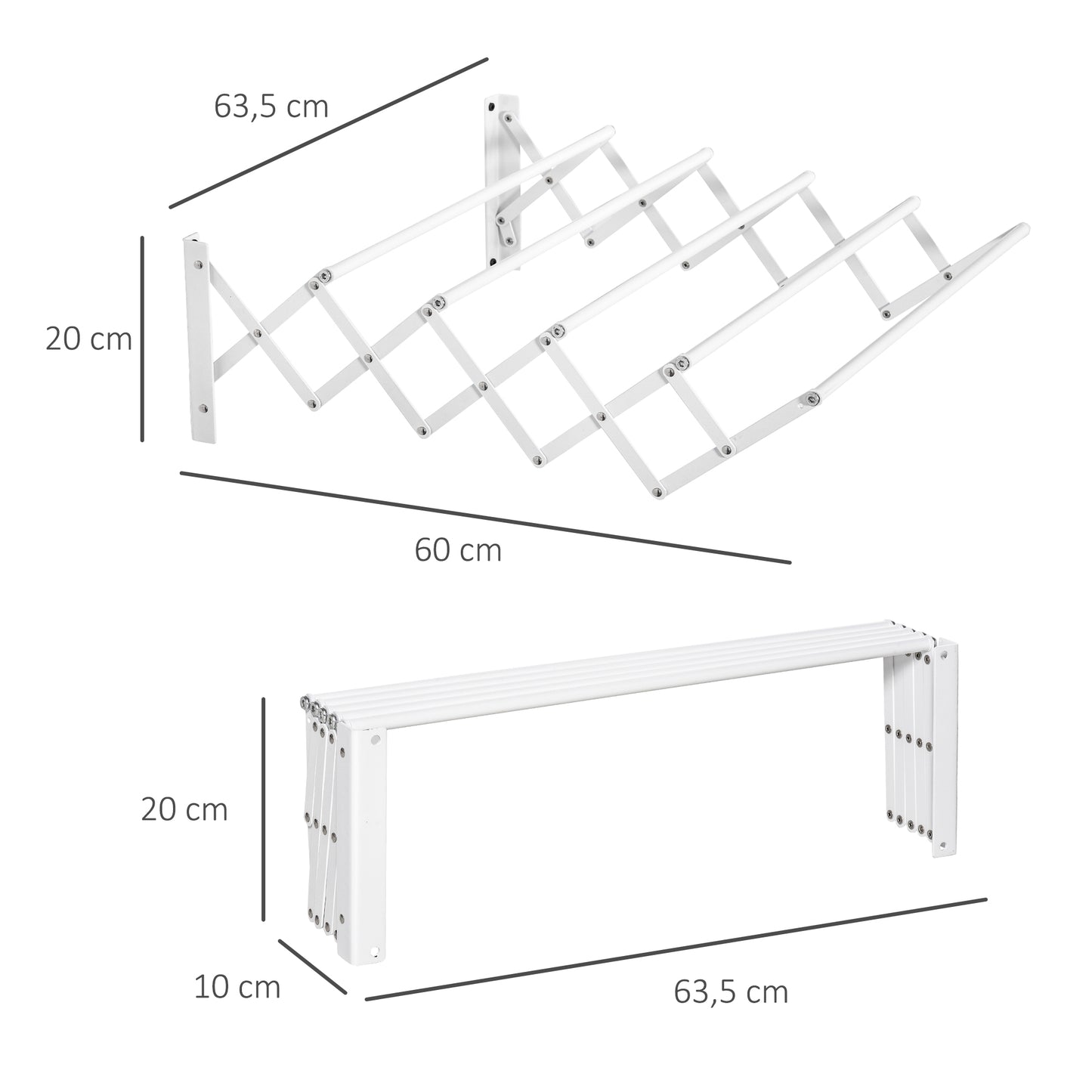 HOMCOM Wäscheständer für Wandmontage ausziehbar klappbar platzsparender Wäschetrockner، Wäschetrockner für Innen und Außen، أبيض، 63.5 × 60 × 20 سم