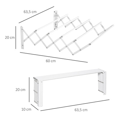 HOMCOM Wäscheständer für Wandmontage ausziehbar klappbar platzsparender Wäschetrockner، Wäschetrockner für Innen und Außen، أبيض، 63.5 × 60 × 20 سم