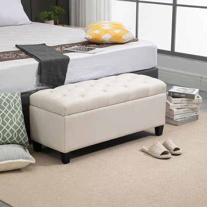HOMCOM Sitzbank mit Stauraum Polsterbank mit Leinenoptik, Sitztruhe mit Holzbeine, Truhenbank für Wohnzimmer Schlafzimmer Flur 100 x 40 x 44 cm Cremeweiß
