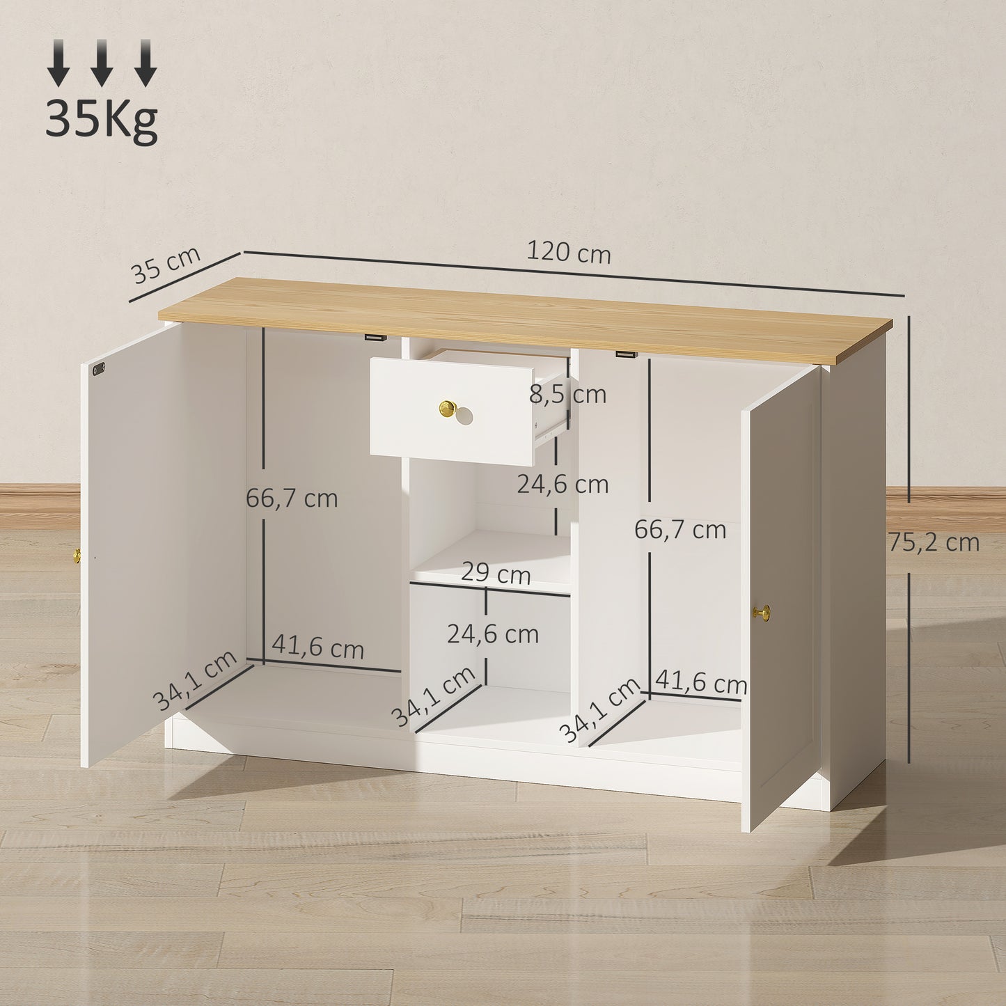HOMCOM Küchenkommode, Sideboard mit Schublade, Schränken, Regalen, Spanplatte, Weiß