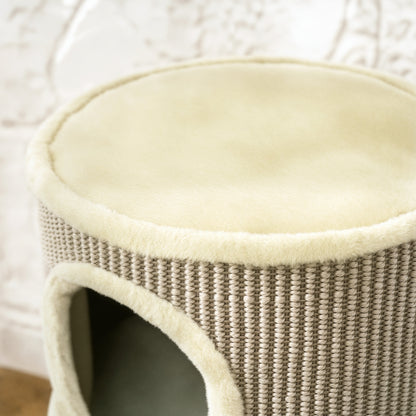 PawHut Kratztonne, 49 cm hoch, Ø35,5 cm zweistöckige Katzentonne mit Plüschrand Kratzmatte, 2 Höhle Khaki+Kaffee