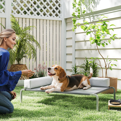 PawHut Hundeliege Outdoor, Erhöhtes Hundebett für Mittelgroße Hunde, mit L-förmige Kissen 110x75x30cm, Hellgrau