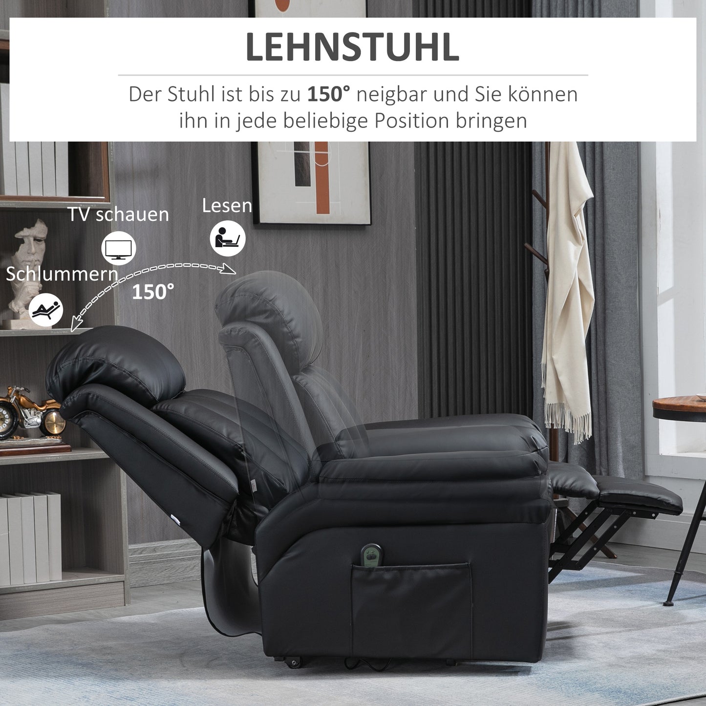 HOMCOM Relaxsessel mit Aufstehhilfe, inkl. Fußstütze und Kopfstütze, 1 Fernbedienung, Schwarz