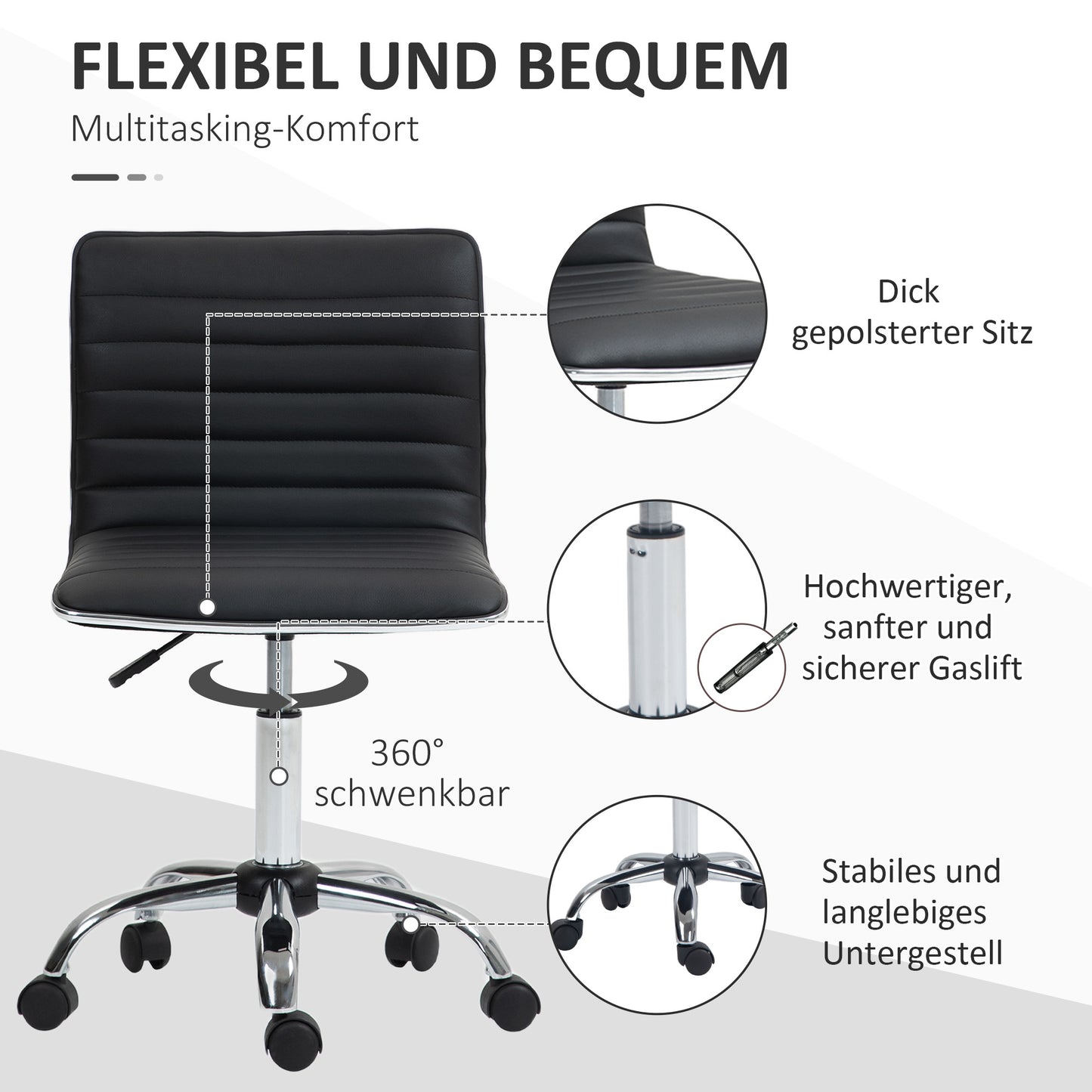 HOMCOM Höhenverstellbarer Salonstuhl mit Rückenlehne, Drehstuhl, Metall, Kunstleder, 48 x 52 x 78-90 cm, Schwarz