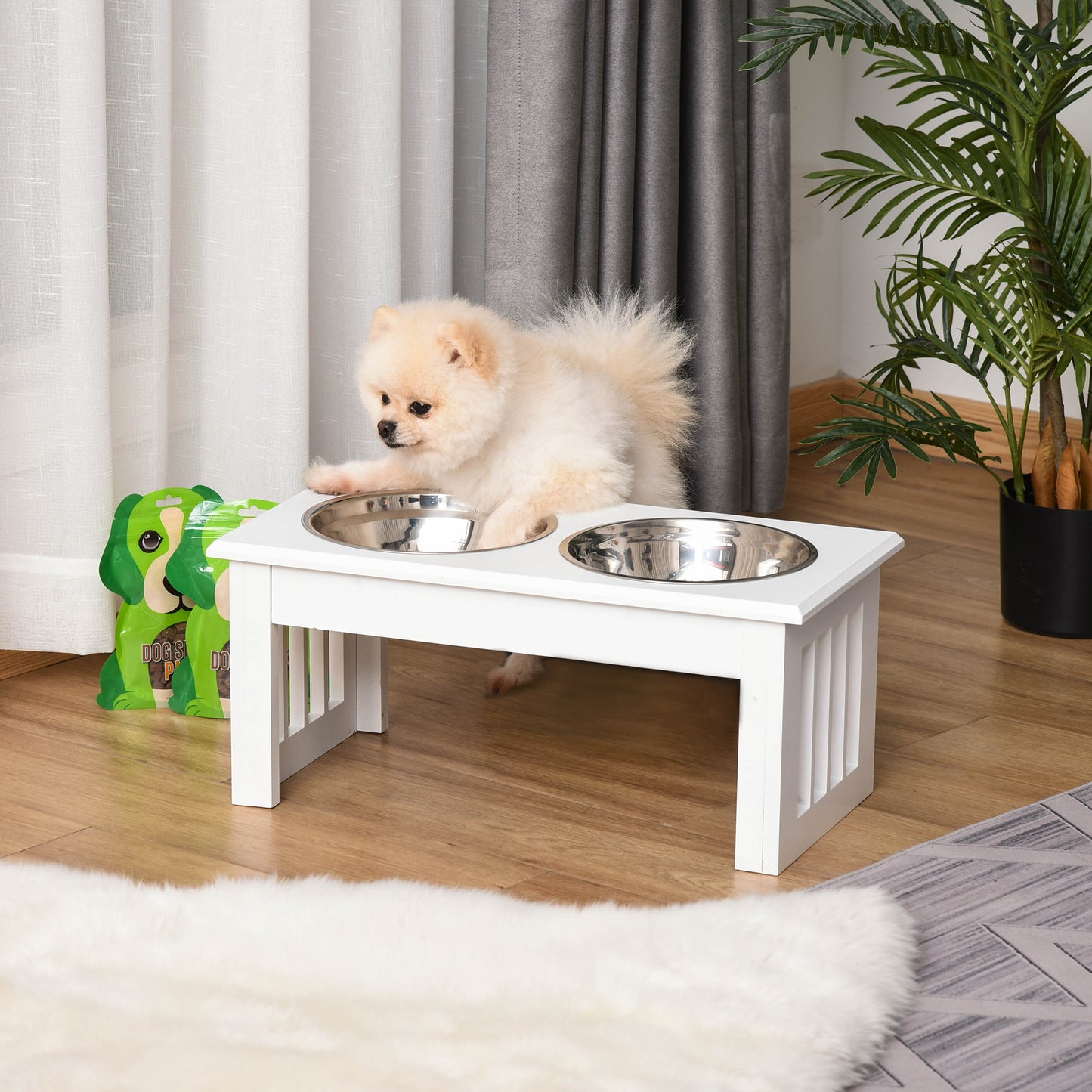 PawHut Hunde-Futterstation, rutschfest, 44 x 24 x 15cm, Weiß, 0,9L pro Napf