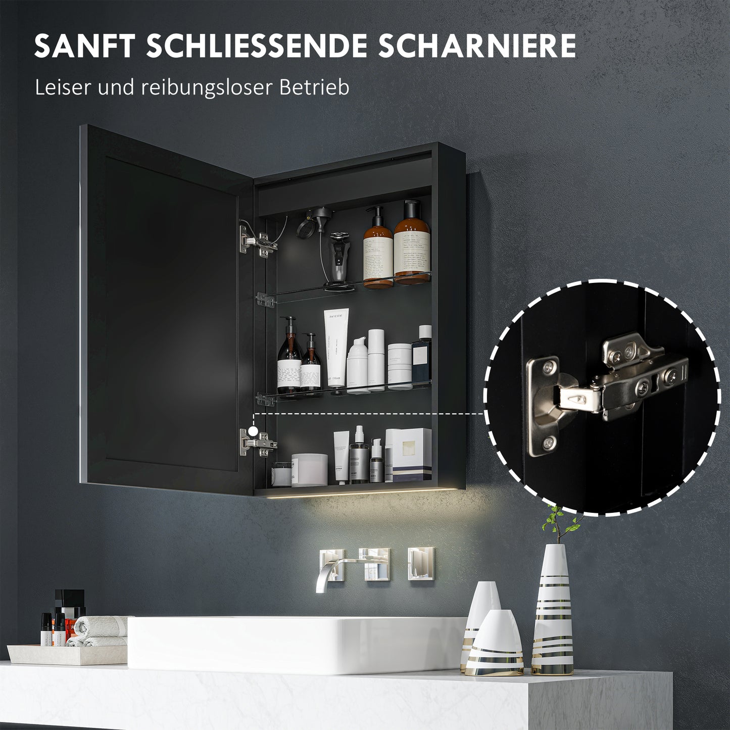 HOMCOM Spiegelschrank, Badschrank mit LED, 50 x 70 cm, dimmbar, Anti-Beschlag, Schwarz