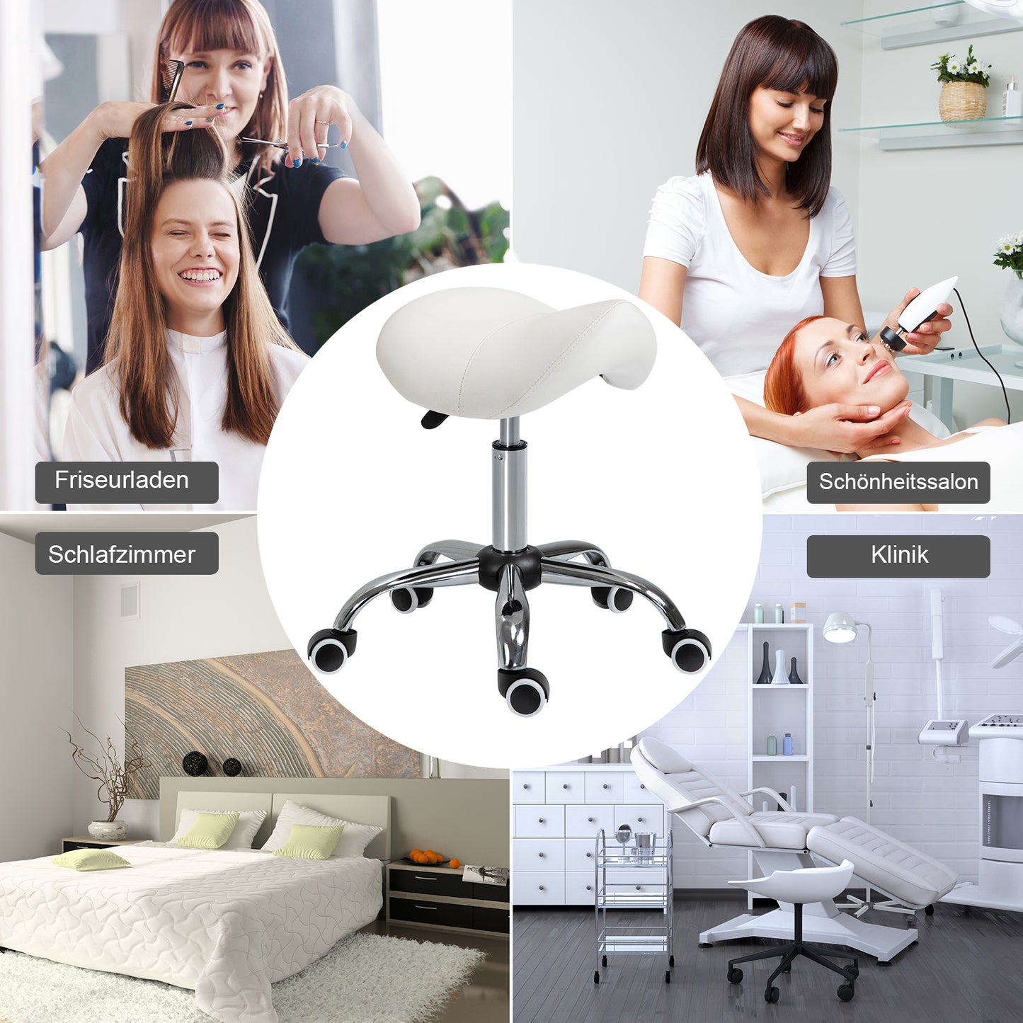 HOMCOM Rollhocker höhenverstellbar Drehhocker 49-61 cm Arbeitshocker drehbar Sattelhocker für Büro Salon Massage Spa Weiß