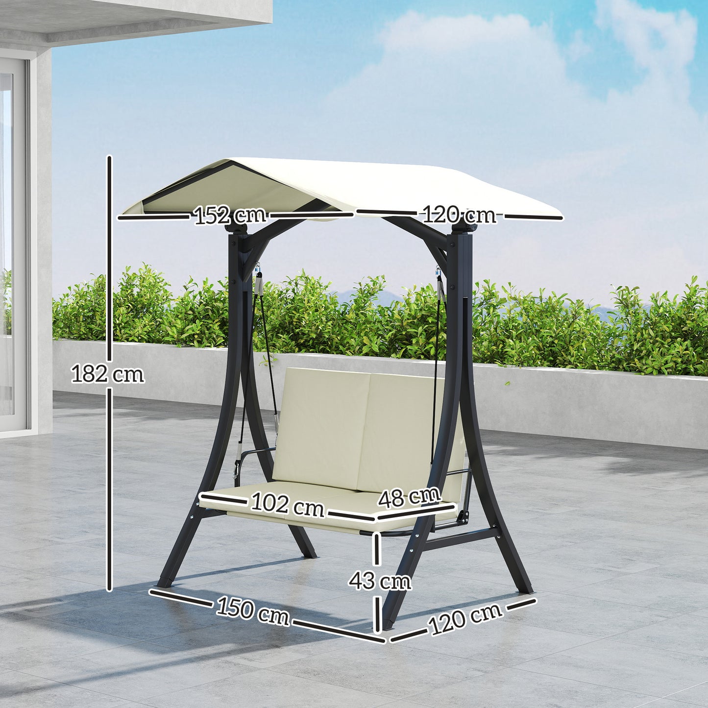 Outsunny Hollywoodschaukel mit verstellbarem Sonnendach Sitzauflage, 2-Sitzer bis 220kg 150x120x182cm, Cremeweiß