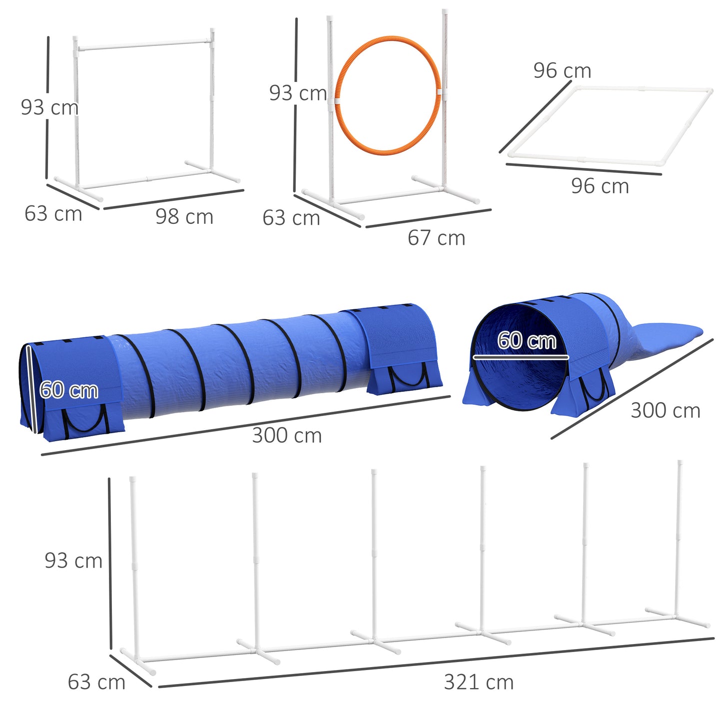 PawHut Hunde-Agiliy-Set Hundeparcours, 1 Reifen, 2 Tunnel 2 Hürden, 321 cm x 63c m x 93 cm, Blau + Rot+ Weiß