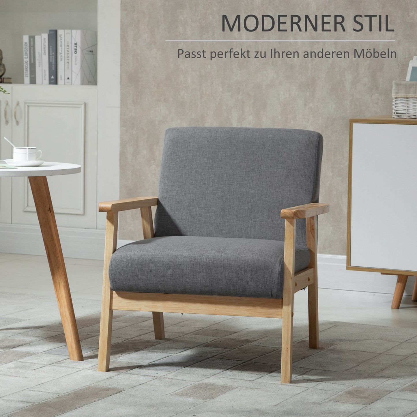 HOMCOM Sessel im Skandi-Design, Akzentsessel, Massivholz, Leinenoptik, 64 cm x 70 cm x 72 cm, Grau + Natur