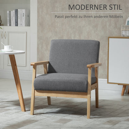 HOMCOM Sessel im Skandi-Design, Akzentsessel, Massivholz, Leinenoptik, 64 cm x 70 cm x 72 cm, Grau + Natur