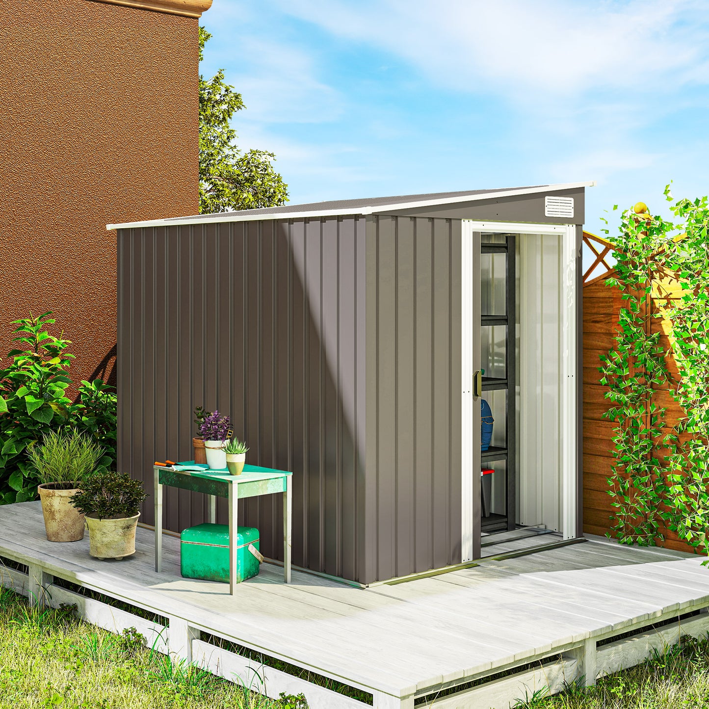 Outsunny Metall Gerätehaus 2,81m² 154x206,5x181 cm Geräteschuppen mit Pultdach Fundament