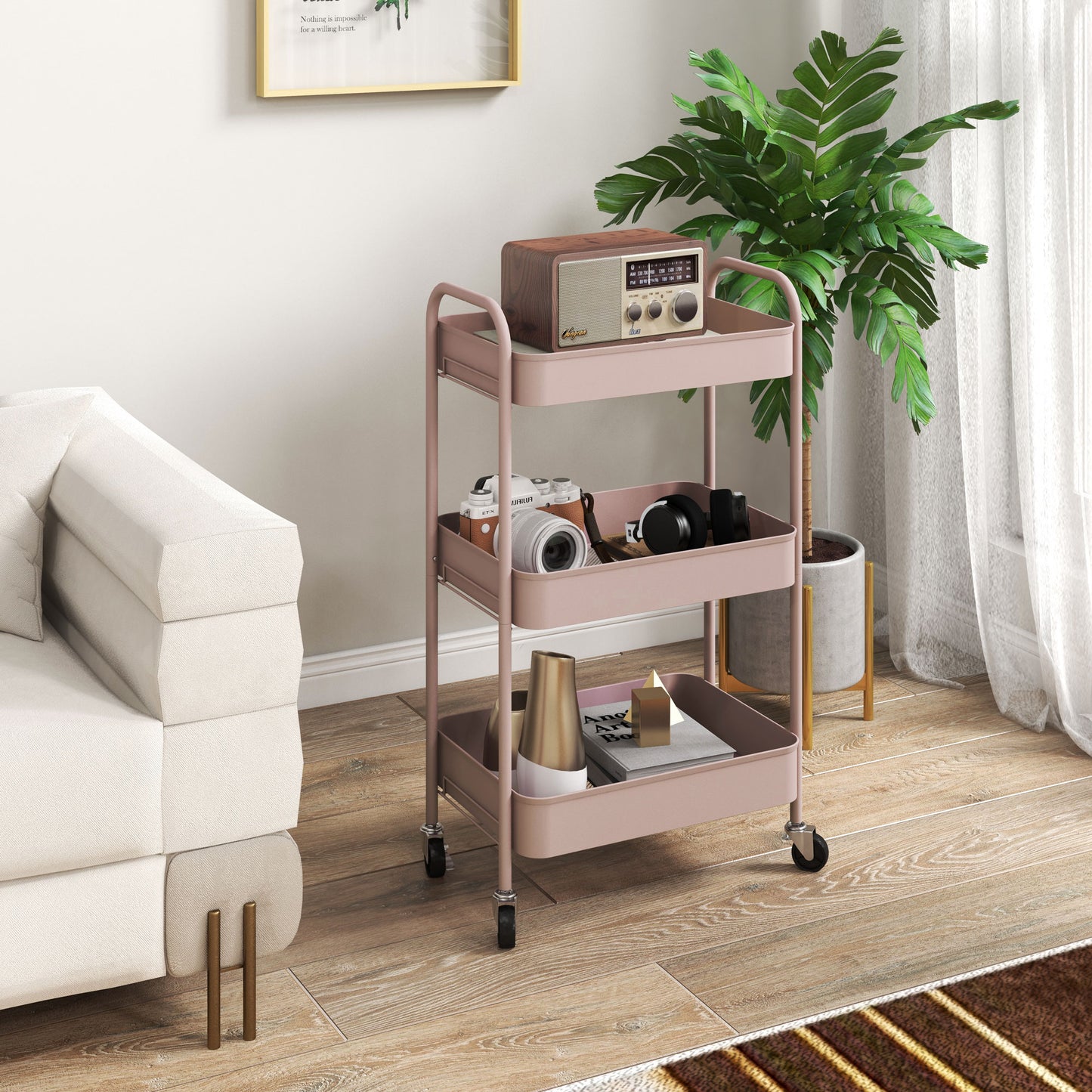 HOMCOM Mehrzweckwagen Rollwagen Küchenwagen, 3 Regale, 4 Rollen, 45 cm x 30,6 cm x 79 cm, Rosa