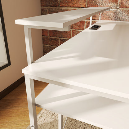 HOMCOM L-förmiger Schreibtisch mit Ladestation, Eck-Computertisch mit Monitorständer und Regalen, für Homeoffice, Büro, Weiß