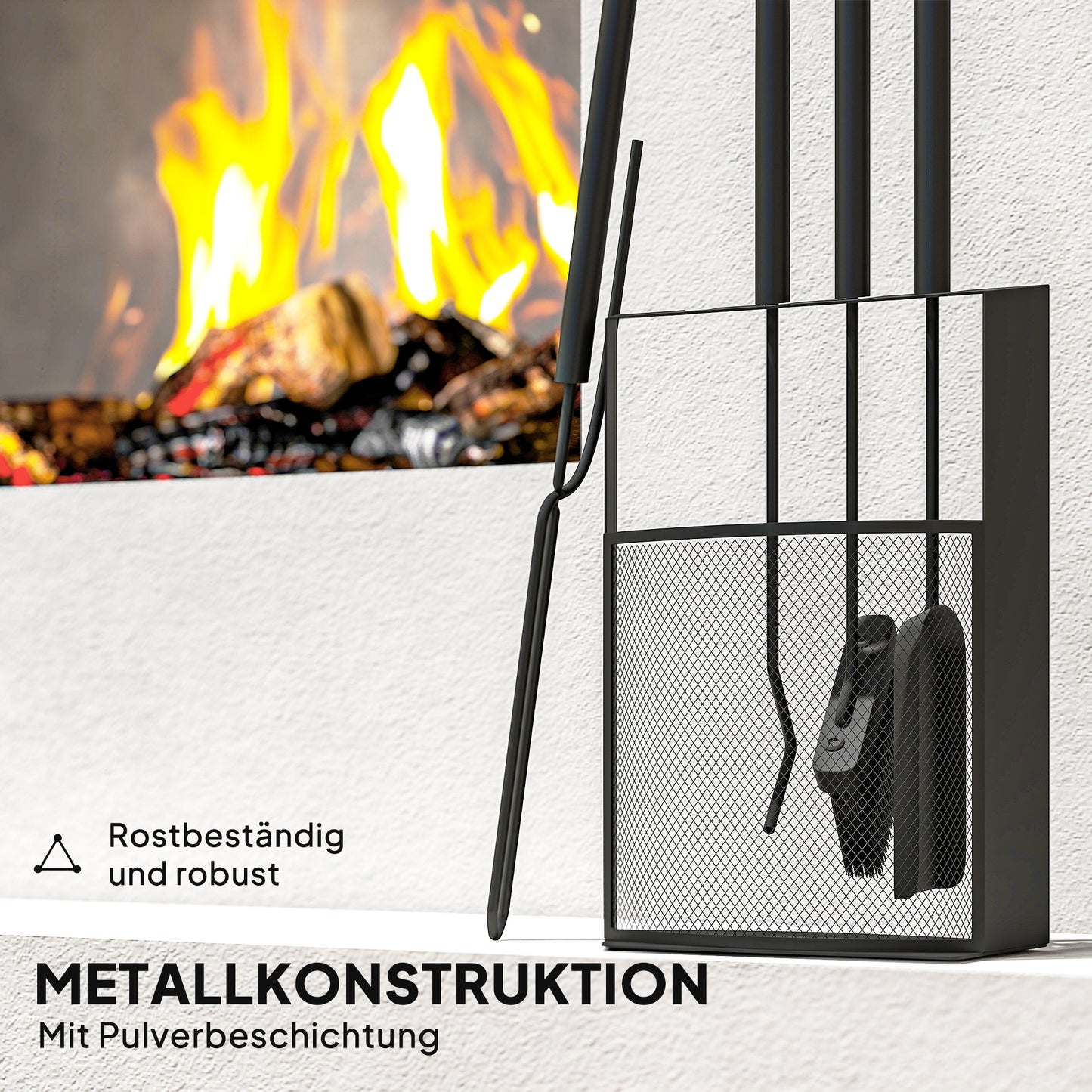 Outsunny Kaminbesteck Set 5teilig Kaminzubehör mit Besen, Schaufel, Schürhaken Zange Ständer Metall, Schwarz