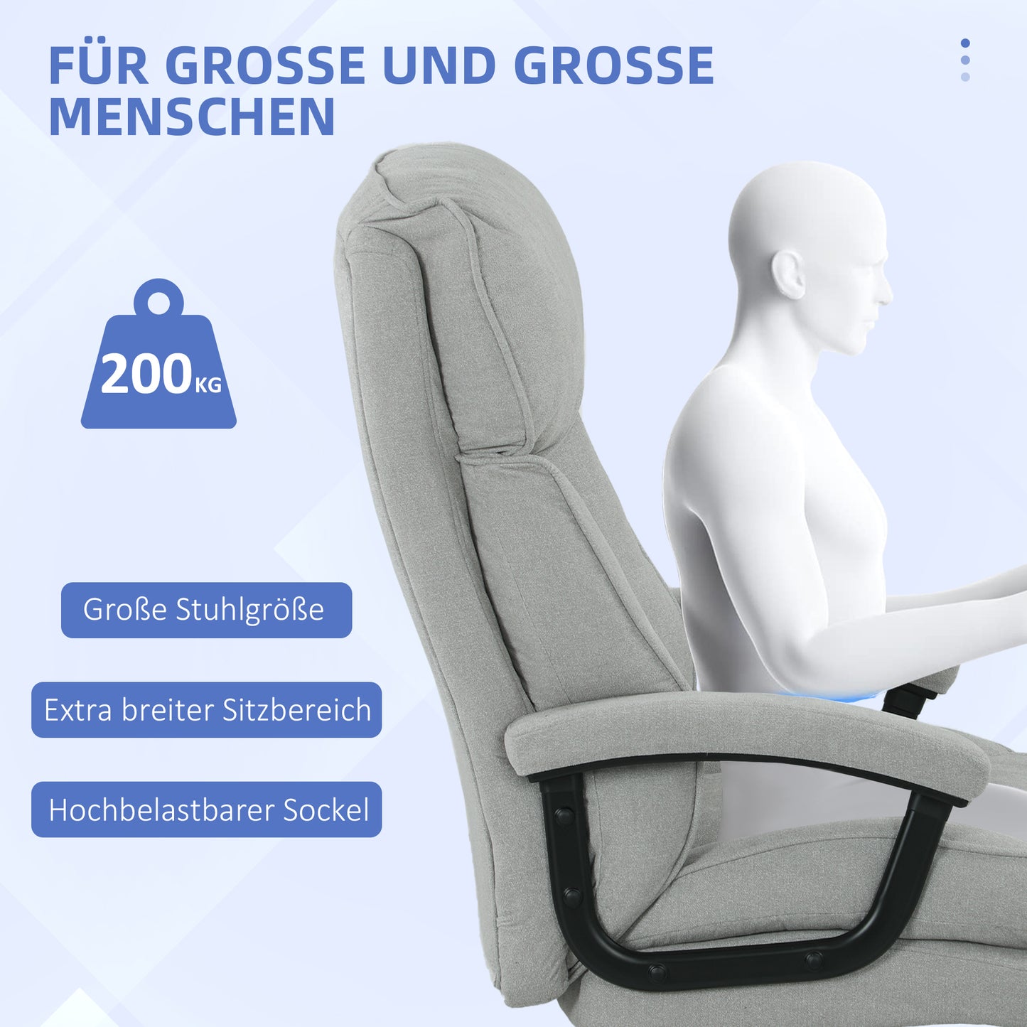 HOMCOM Großer hoher Bürostuhl, 200 kg Tragekapazität, robuste Konstruktion, weicher Bezug, Hellgrau
