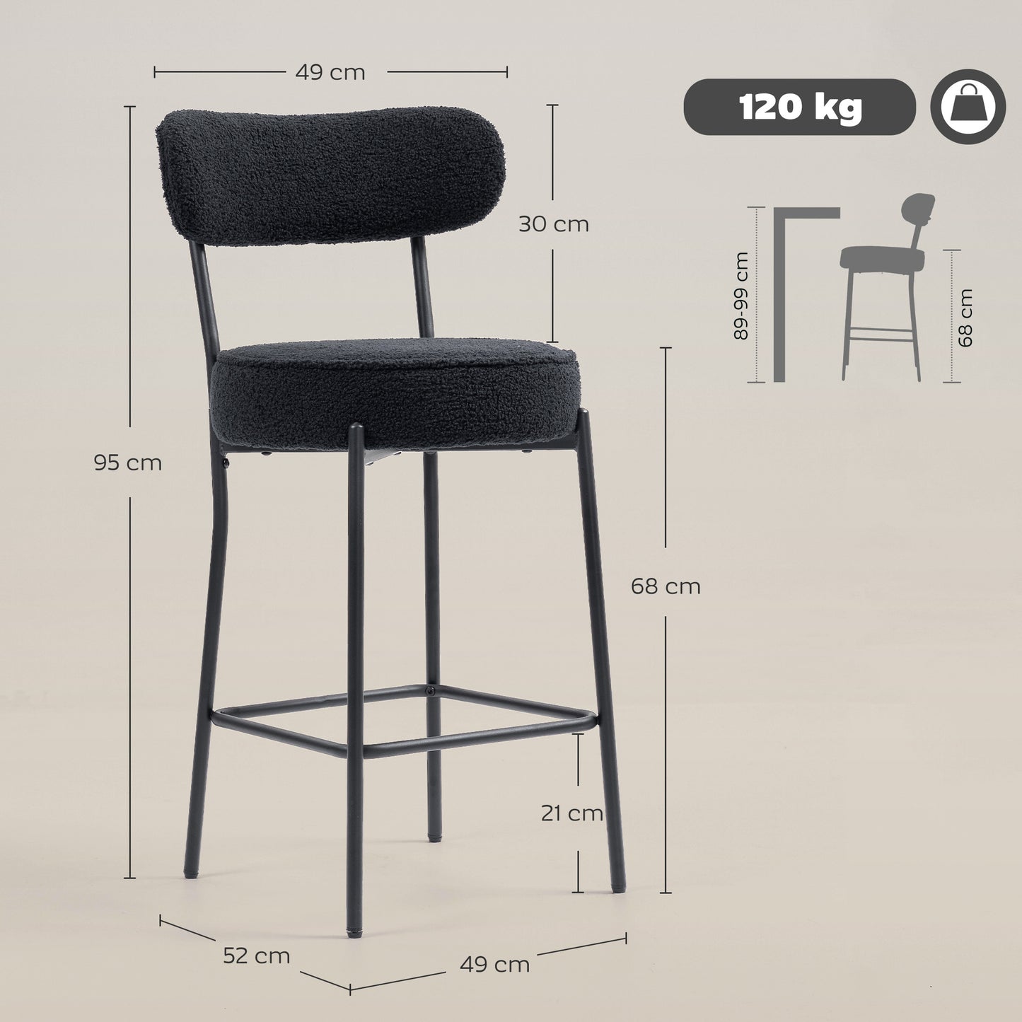 HOMCOM 2er-Set Barstühle mit Polstersitz und Fußstütze، Fleece-Bezug، Metallrahmen، Schwarz