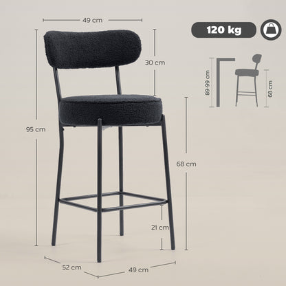 HOMCOM 2er-Set Barstühle mit Polstersitz und Fußstütze، Fleece-Bezug، Metallrahmen، Schwarz