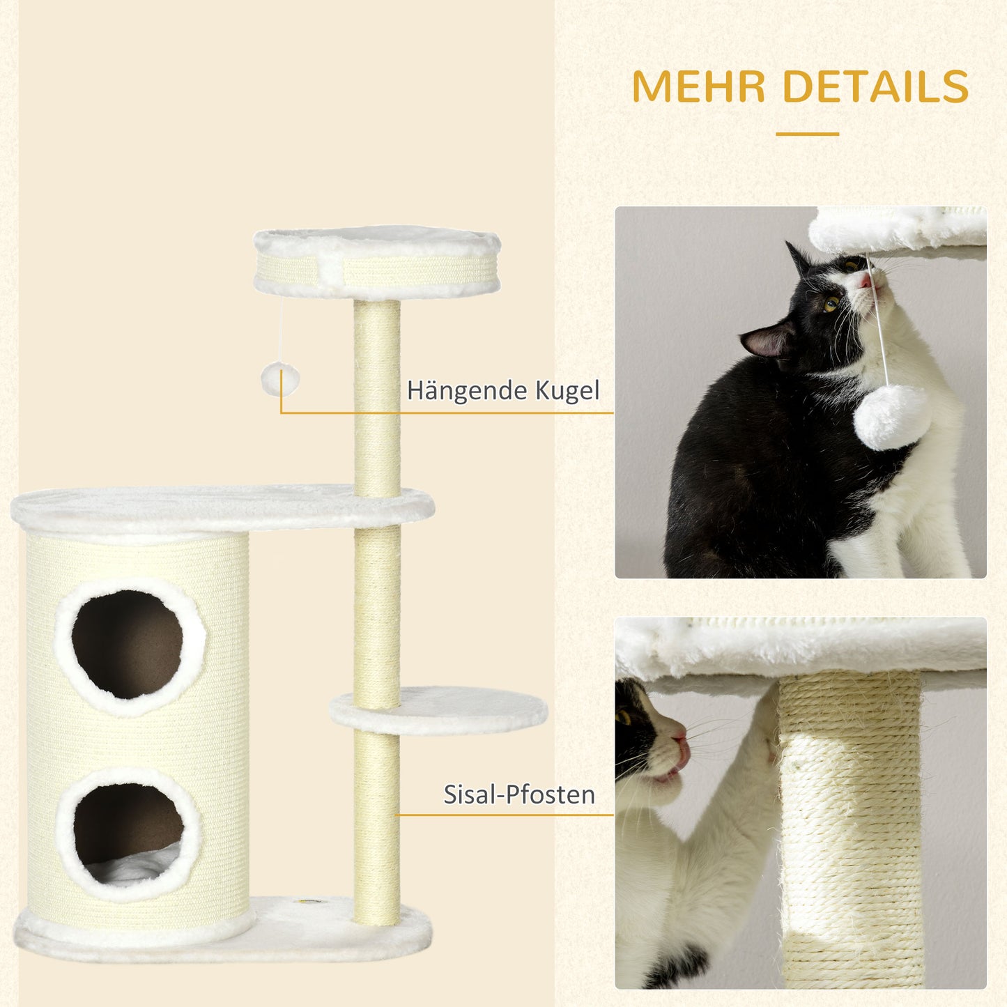 PawHut Kratzbaum mit Kratztonne, 1 Katzenbett und Katzenspielzeug, 59 cm x 35 cm x 100 cm, Cremeweiß