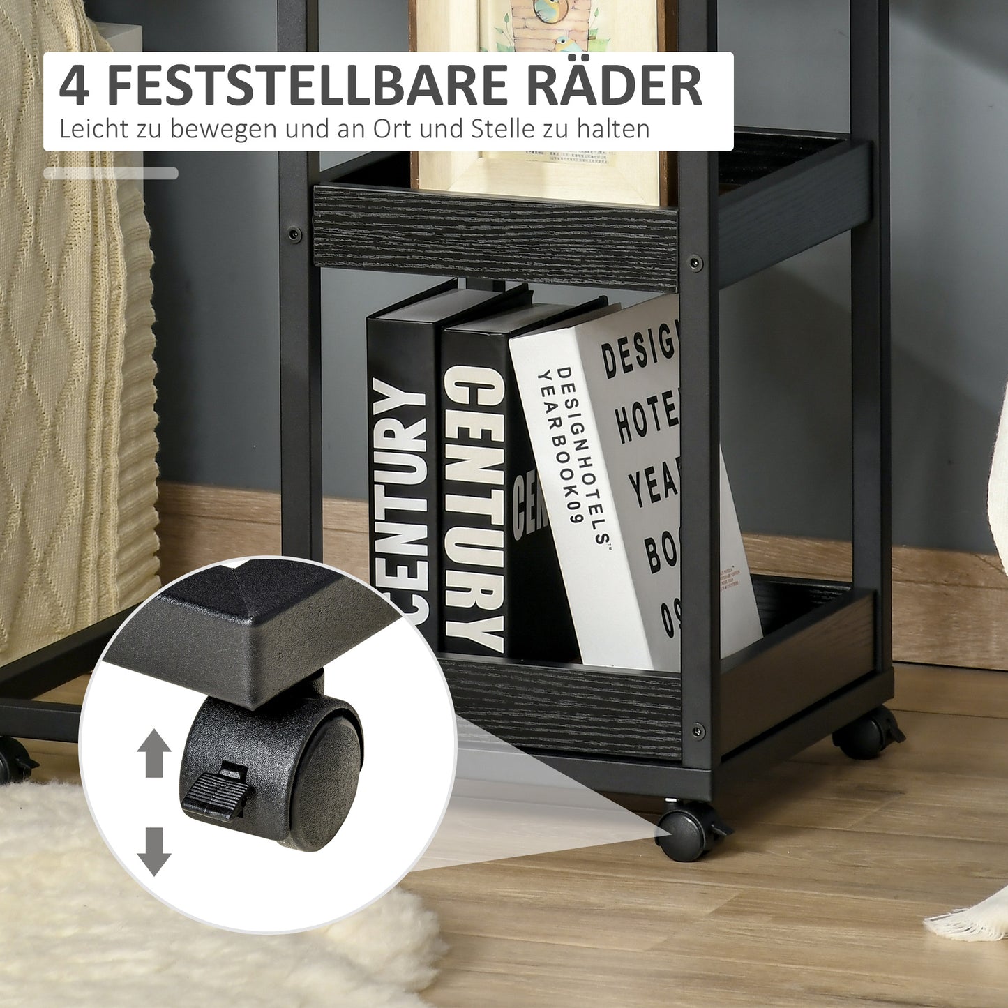 HOMCOM Beistelltisch mit Rädern für Sofa oder Bett, Industriestil, Stahl und Holz, Braun und Schwarz