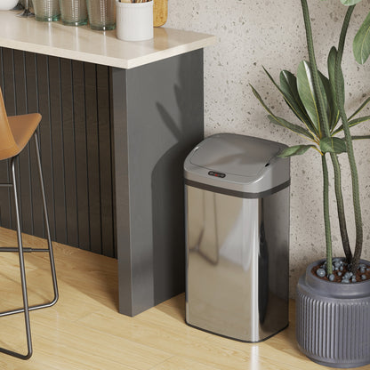 HOMCOM 48 L Sensor-Mülleimer für Küche oder Büro, automatische Schließ-Funktion, Edelstahl, Silberton