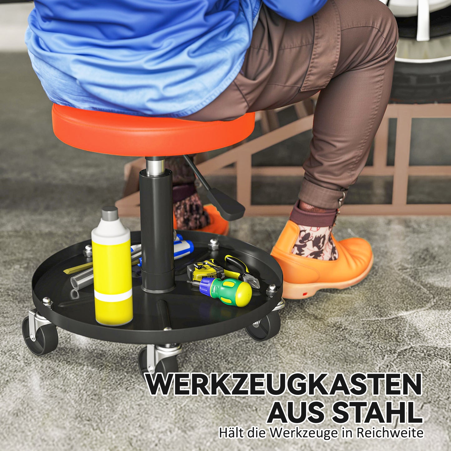 HOMCOM Werkstatthocker mit Rollen Ablagefläche höhenverstellbar 38-50 سم مكرر 135 كجم شريط برتقالي