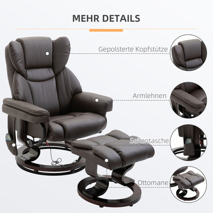 HOMCOM Relaxsessel mit Hocker, 360°drehbarer Fernsehsessel mit Massage, Liegefunktion, Massagesessel mit Seitentasche, Liegesessel, Kunstleder für Wohnzimmer Braun
