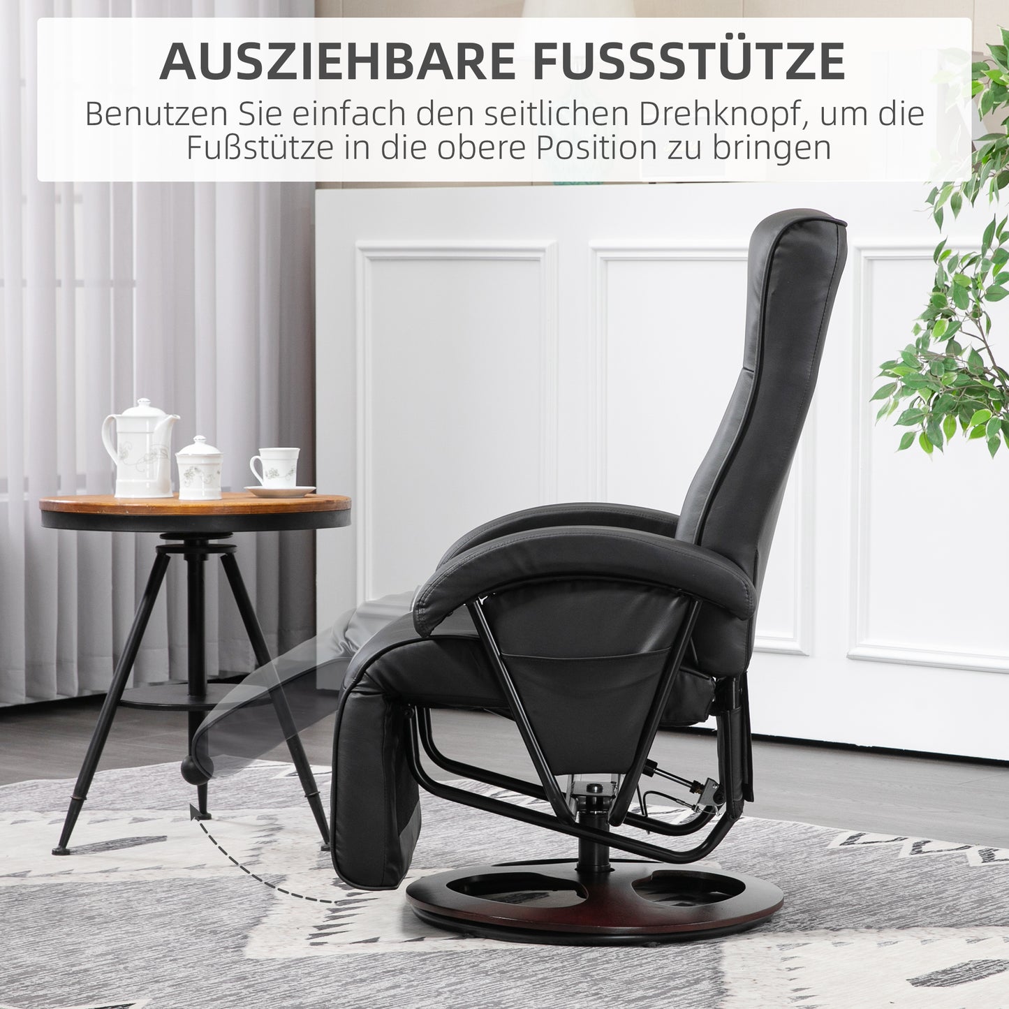 HOMCOM Drehbarer Polsterstuhl، Kunstleder، Fußstütze، Holzbasis، neigbar، Schwarz