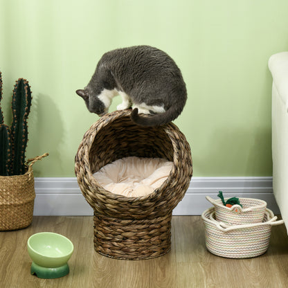 PawHut Rattan Katzenkorb Katzenhöhle Katzenhütte Katzenbett mit Kissen Haustierbett Wasserhyazinthe Kaffee 40 x 37 x 51 سم