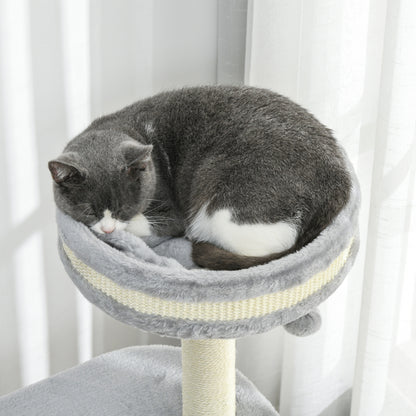PawHut Kratzbaum für Katzen, Sisal-Seilpfosten, weicher Plüsch, mehrstufig, Ballspielzeug, Grau, 59x35x100 cm