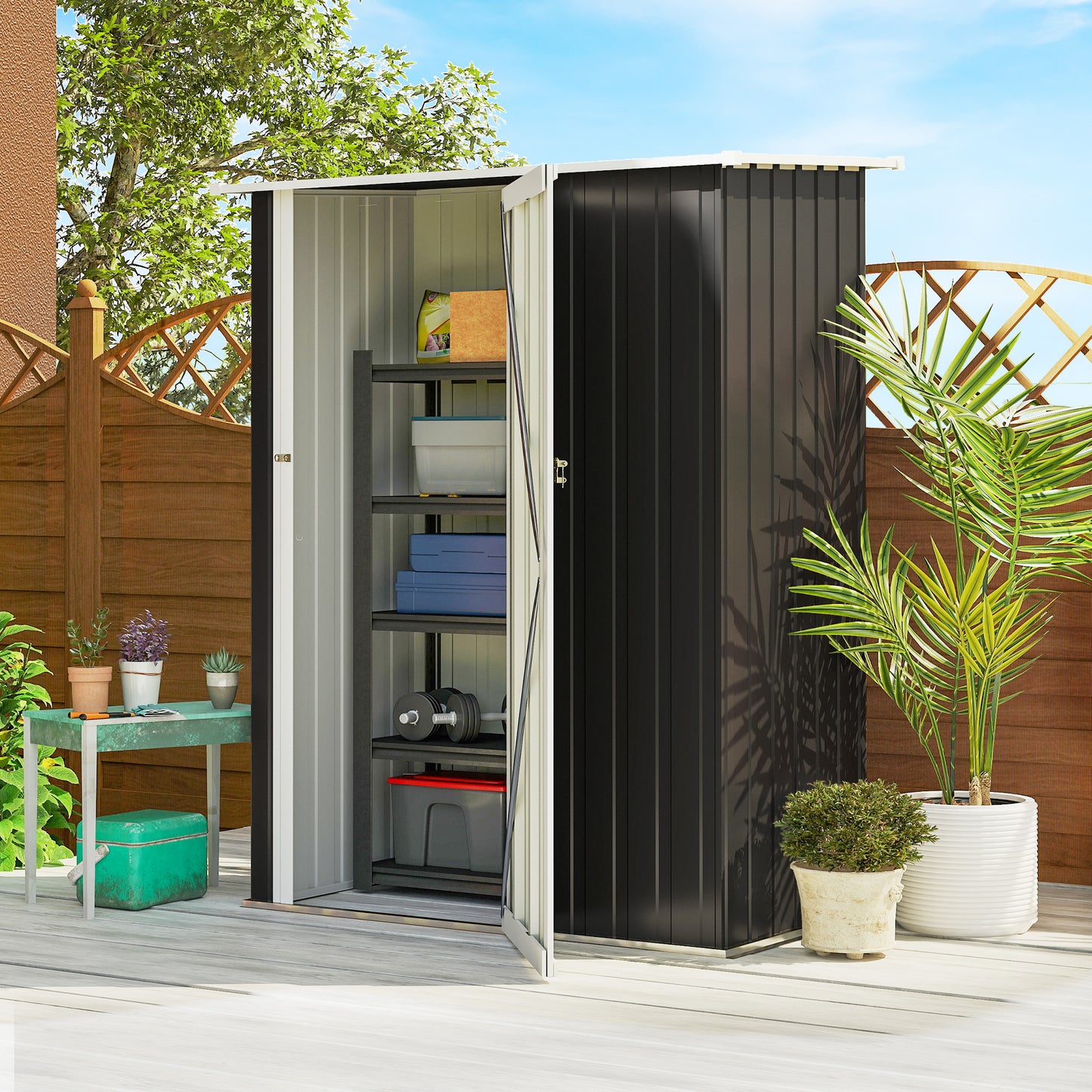 Outsunny Metall Gerätehaus 1,07 m² mit Schrägdach, 142 x 84 x 189 cm Geräteschuppen mit abschließbar Tür, Garten Schuppen, Gartenhaus Dunkelgrau
