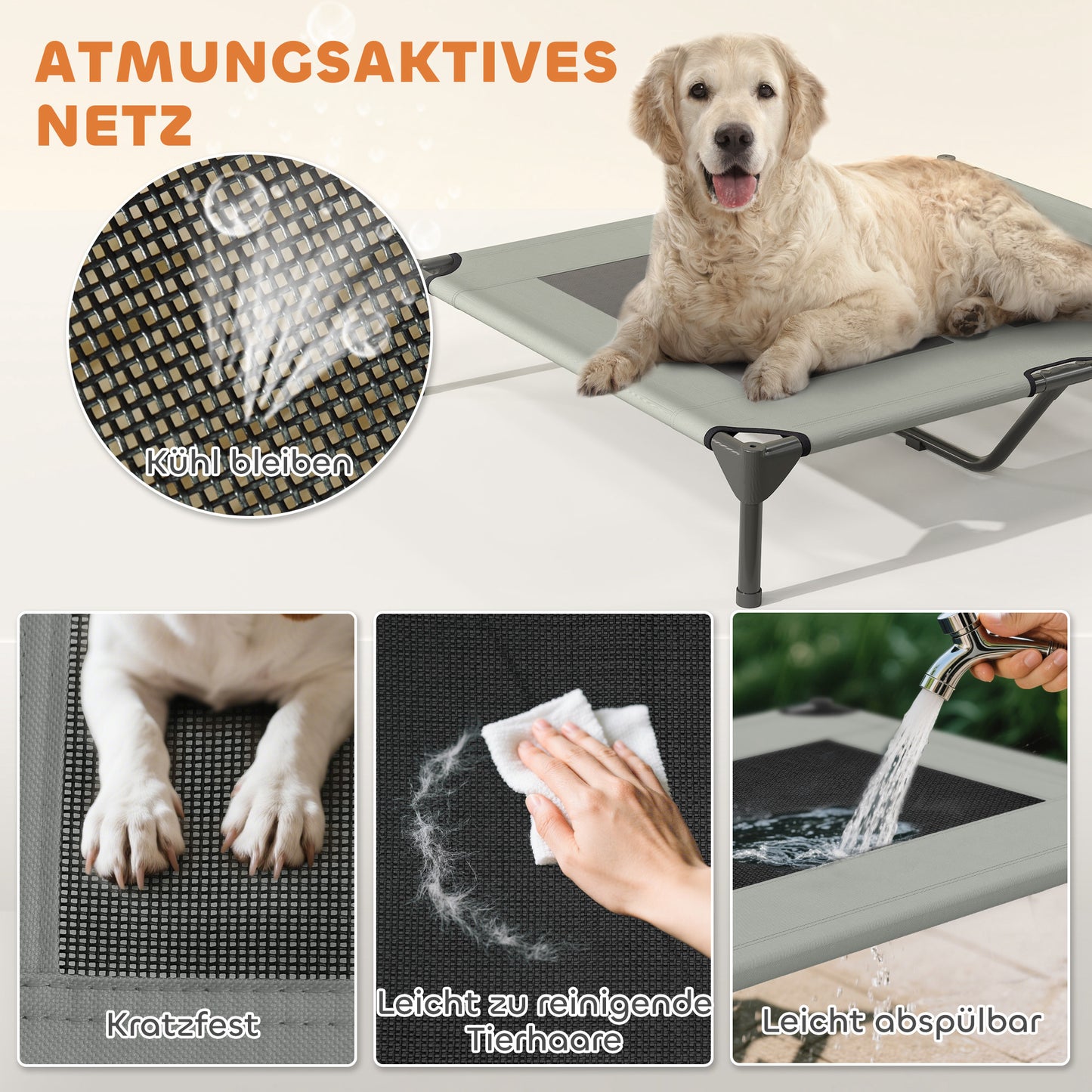 PawHut Hundeliege Outdoor mit Dach, Erhöhtes Hundebett für Große Hunde, 91 x 76 x 90 cm, Hellgrau