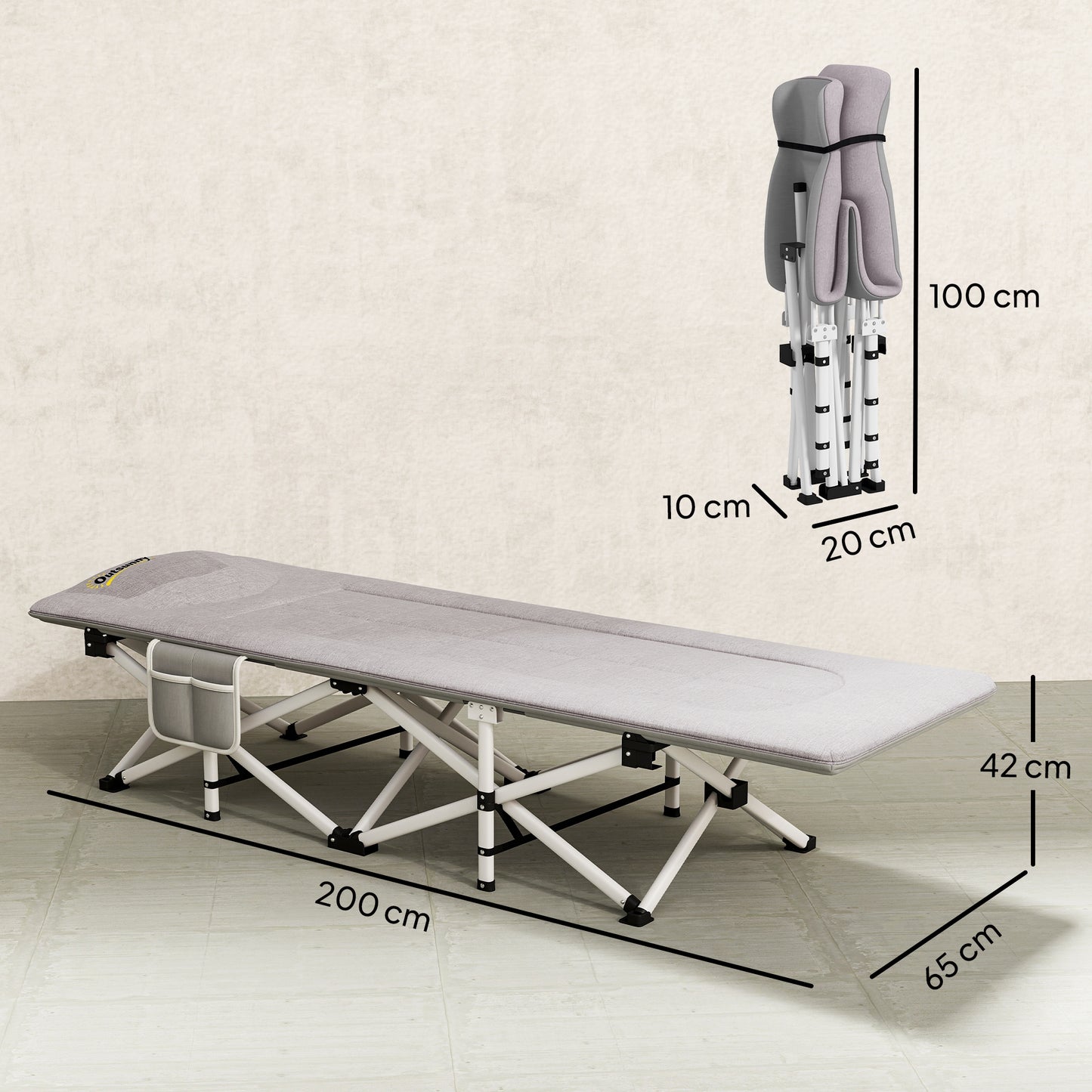 Outsunny Feldbett, Campingbett, klappbar, weich, bis 200 kg, rostfreies Metallgestell, 200x65x42cm, Grau