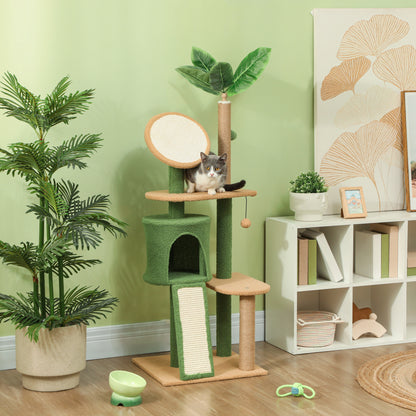 PawHut Kratzbaum, 139 cm Katzenbaum mit Höhle, Spielbällen, Sisal-Kratzpfosten und Plattformen, für zwei Katzen, Grün