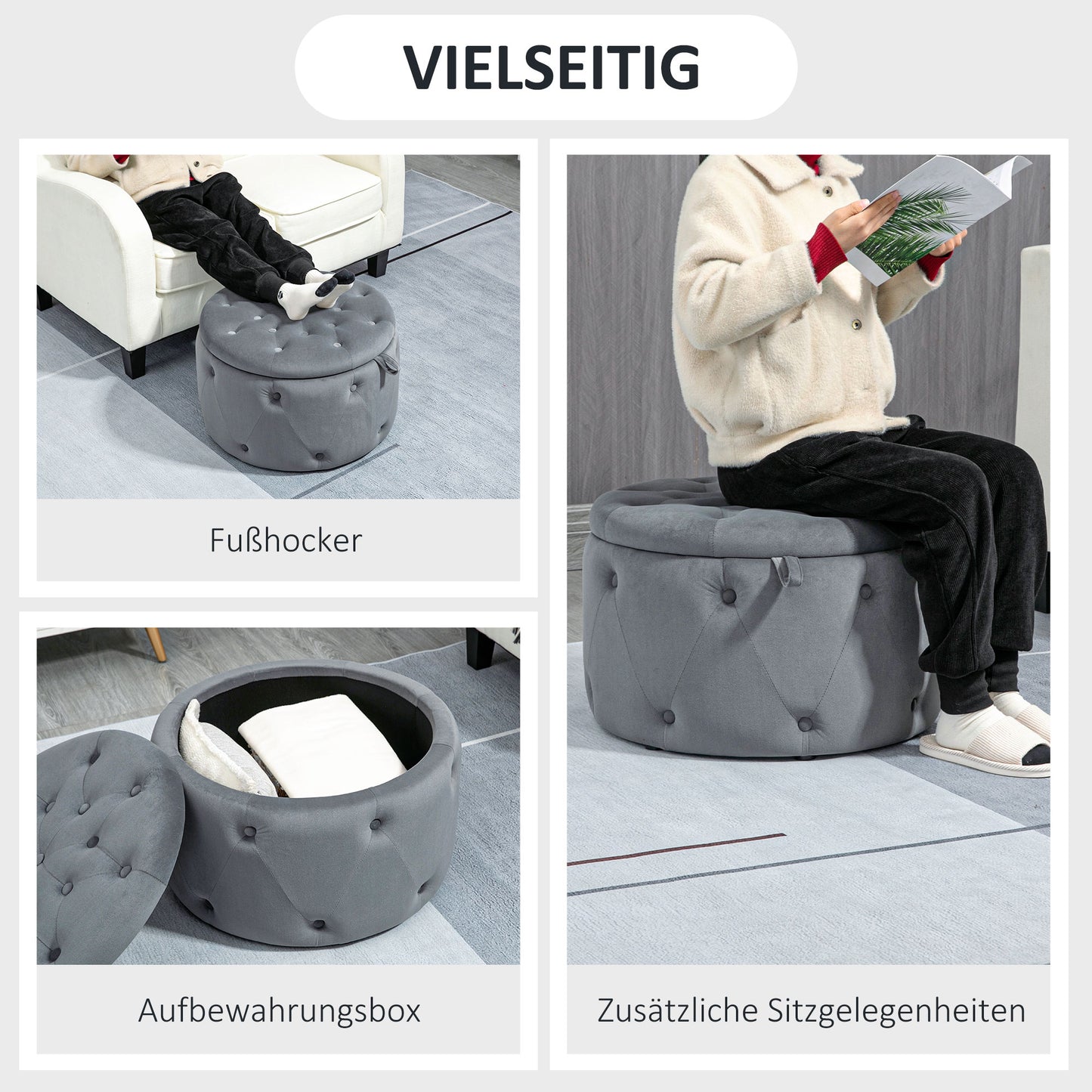 HOMCOM Hocker, rund, mit Staufach, Steppdesign mit Knöpfen, Bezug in Samtoptik, grau, 60 x 60 x 40cm
