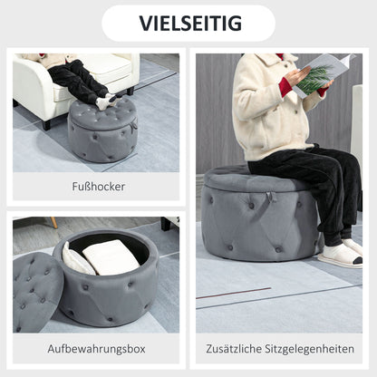 HOMCOM Hocker, rund, mit Staufach, Steppdesign mit Knöpfen, Bezug in Samtoptik, grau, 60 x 60 x 40cm