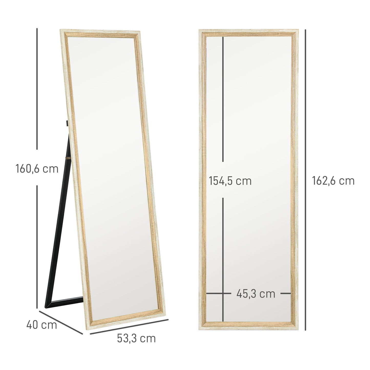 HOMCOM Ganzkörperspiegel, MDF-Rahmen, splitterfreie Folie, 162,6 x 53,3 cm, Naturholz