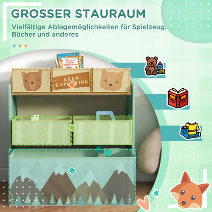 ZONEKIZ Kinderschrank mit 6 Stoffboxen, niedliches Motiv, 63x30x66 cm, Grün