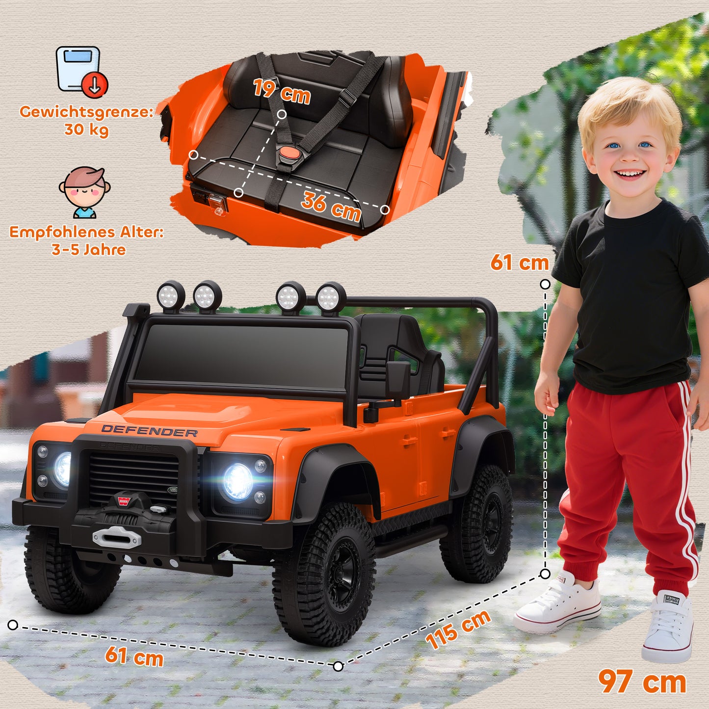 AIYAPLAY Kinder-Elektroauto, 12V Batterie-Betrieb, Fernbedienung, Musik-Funktion, Hupe, LED-Lichter, Orange