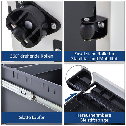 Vinsetto Rollcontainer mit 3 Schubladen mobiler Aktenschrank mit Rollen abschließbar Büroschrank mit Hängeregistratur Stiftfach, Bürocontainer für Büro, Homeoffice, 39 x 48 x 59 cm Weiß