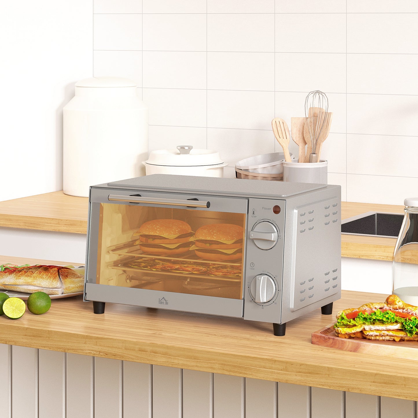 HOMCOM Minibackofen, 9 L Mini-Ofen mit Backblech, Grillrost, mit einstellbarer Temperatur und Garzeit, Edelstahl, Silber