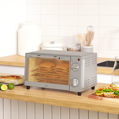 HOMCOM Minibackofen, 9 L Mini-Ofen mit Backblech, Grillrost, mit einstellbarer Temperatur und Garzeit, Edelstahl, Silber
