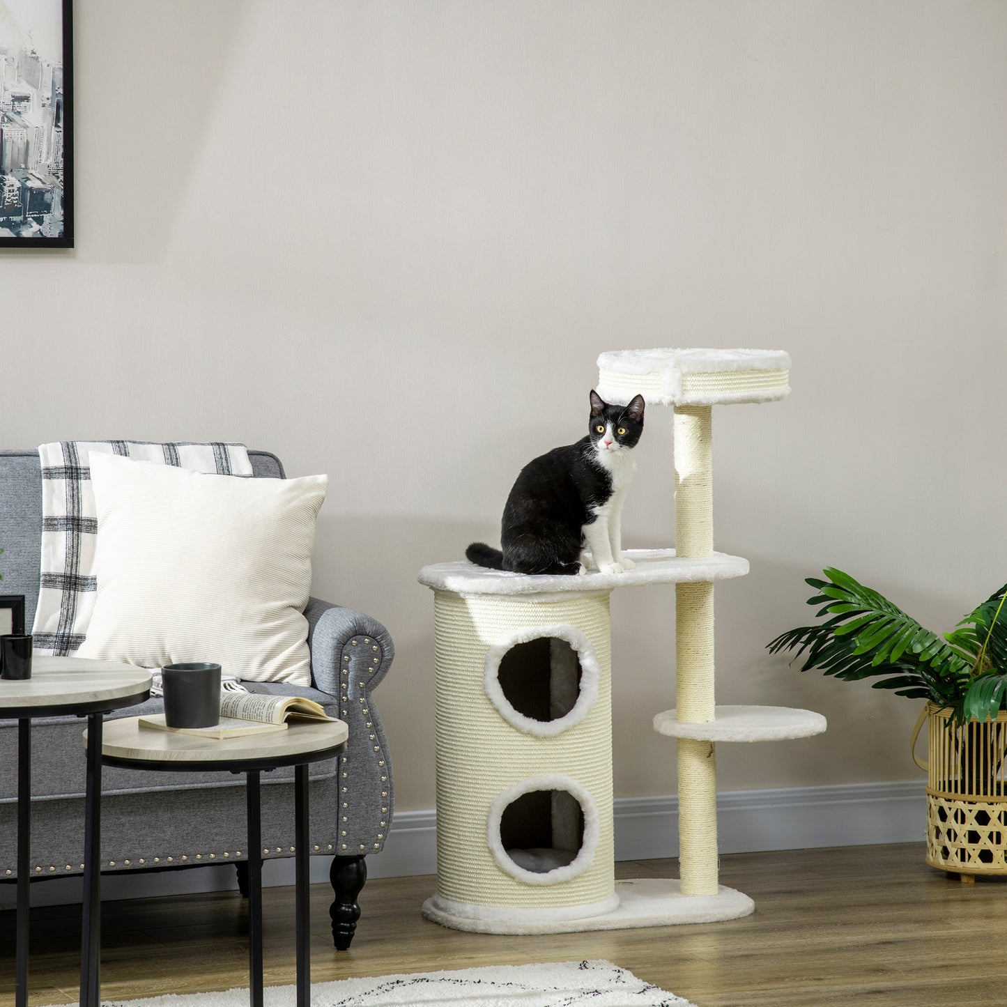PawHut Kratzbaum mit Kratztonne, 1 Katzenbett und Katzenspielzeug, 59 cm x 35 cm x 100 cm, Cremeweiß