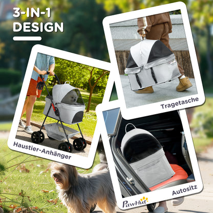 PawHut 3-in-1-Haustierkinderwagen, zusammenklappbarer Hundewagen mit 4 Rädern und abnehmbarer Trage für Hunde und Katzen, Grau