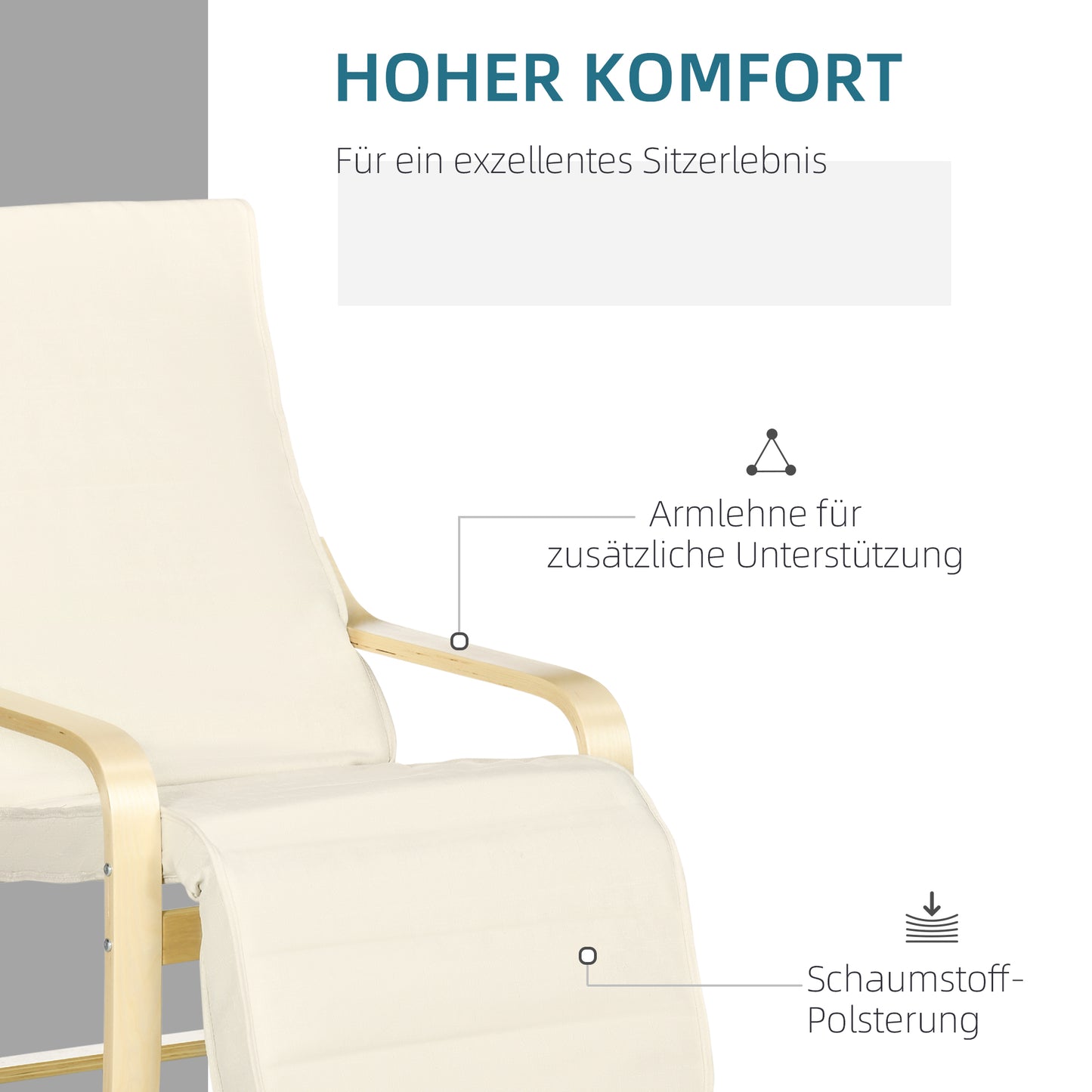 HOMCOM Liegestuhl mit Auflage, 5-stufige Fußstütze, Birkenholz, bis 120 kg, 66,5 x 94 x 100 cm, Cremeweiß