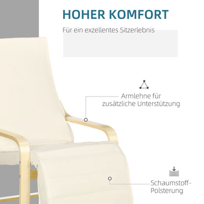 HOMCOM Liegestuhl mit Auflage, 5-stufige Fußstütze, Birkenholz, bis 120 kg, 66,5 x 94 x 100 cm, Cremeweiß