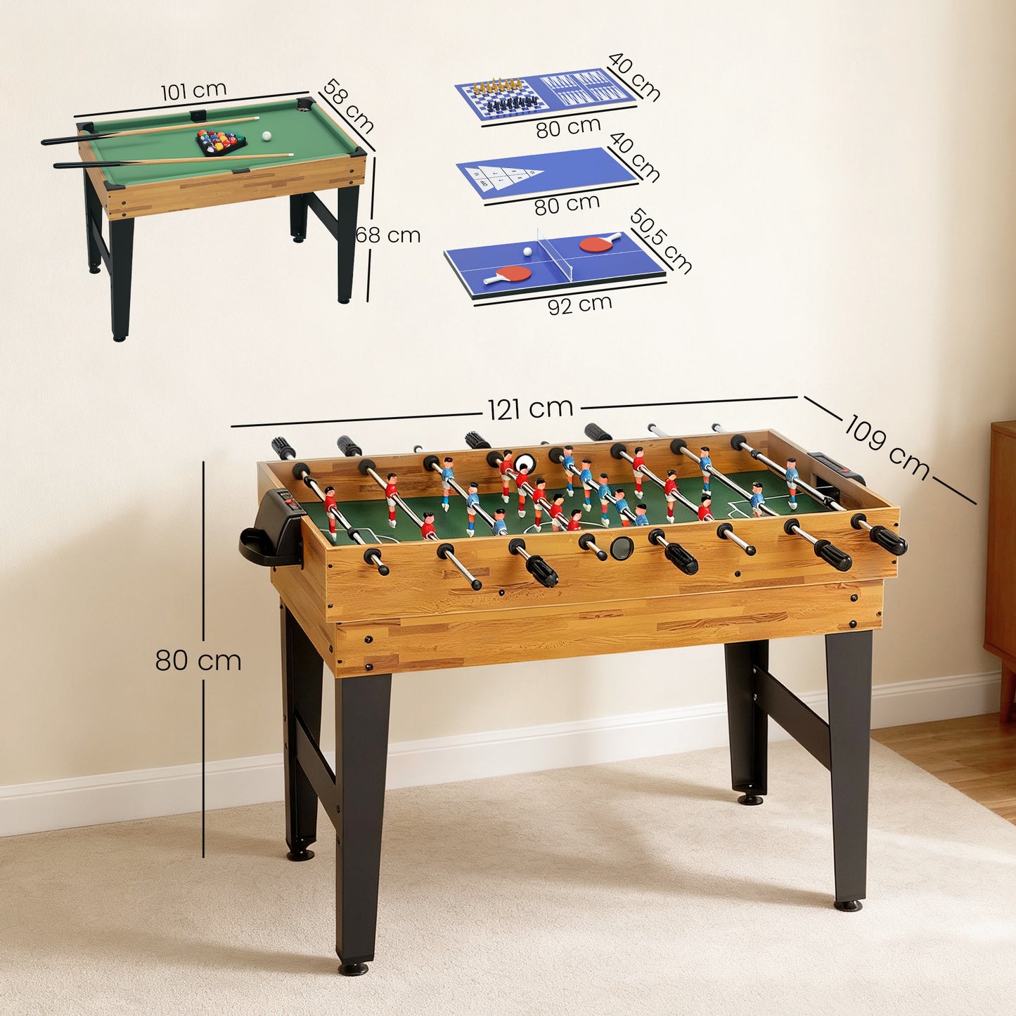 SPORTNOW 13-in-1 Spieletisch, Tischfußball, Schach, Billard, Tischtennis und mehr, MDF, Kunststoff, Walnuss