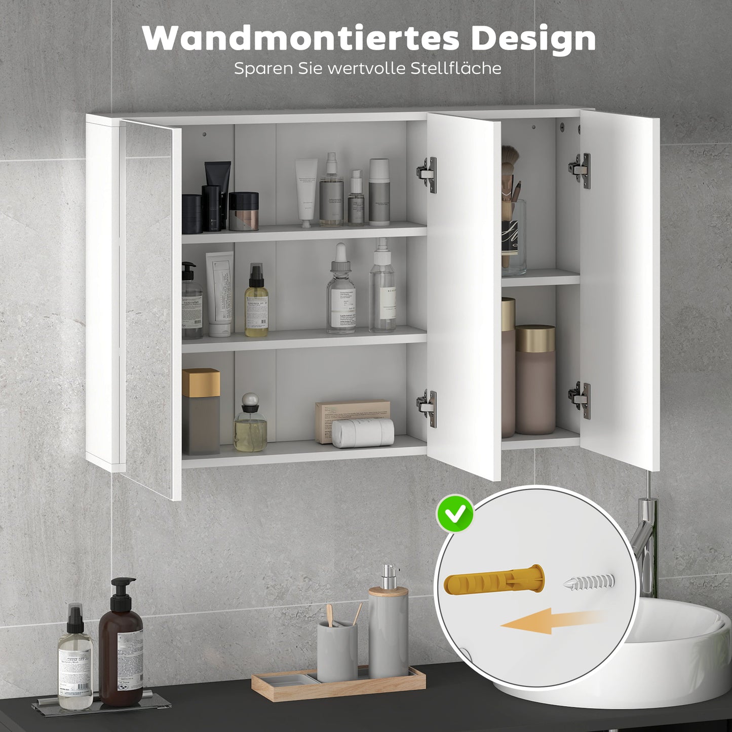 HOMCOM Badezimmerspiegelschrank, Badschrank mit 3 Spiegeltüren, Wandmontage, 90 x 15,5 x 60 cm, Spanplatte, Weiß