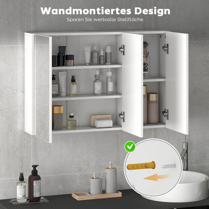 HOMCOM Badezimmerspiegelschrank, Badschrank mit 3 Spiegeltüren, Wandmontage, 90 x 15,5 x 60 cm, Spanplatte, Weiß